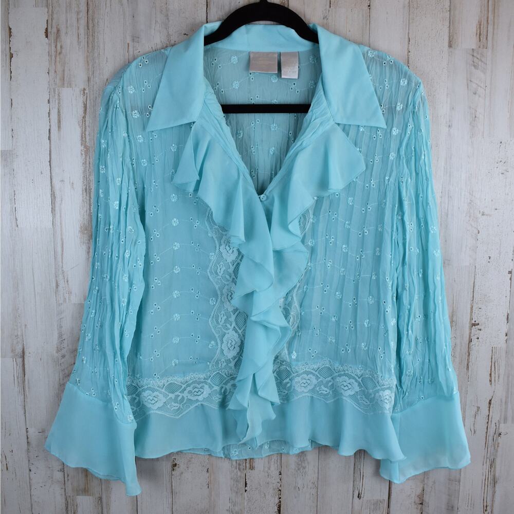 Tailor B.Moss Top Women's XL Slim Fit Turquoise Blue Button Up Cottage Coquette